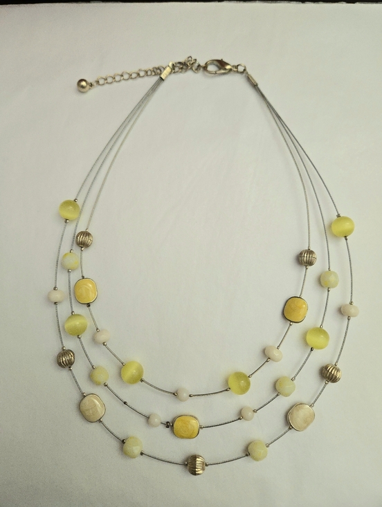 Jewelry - Vintage Style Silver Tone Yellow Ivory Enamel Beaded 3 Strand Bib Necklace